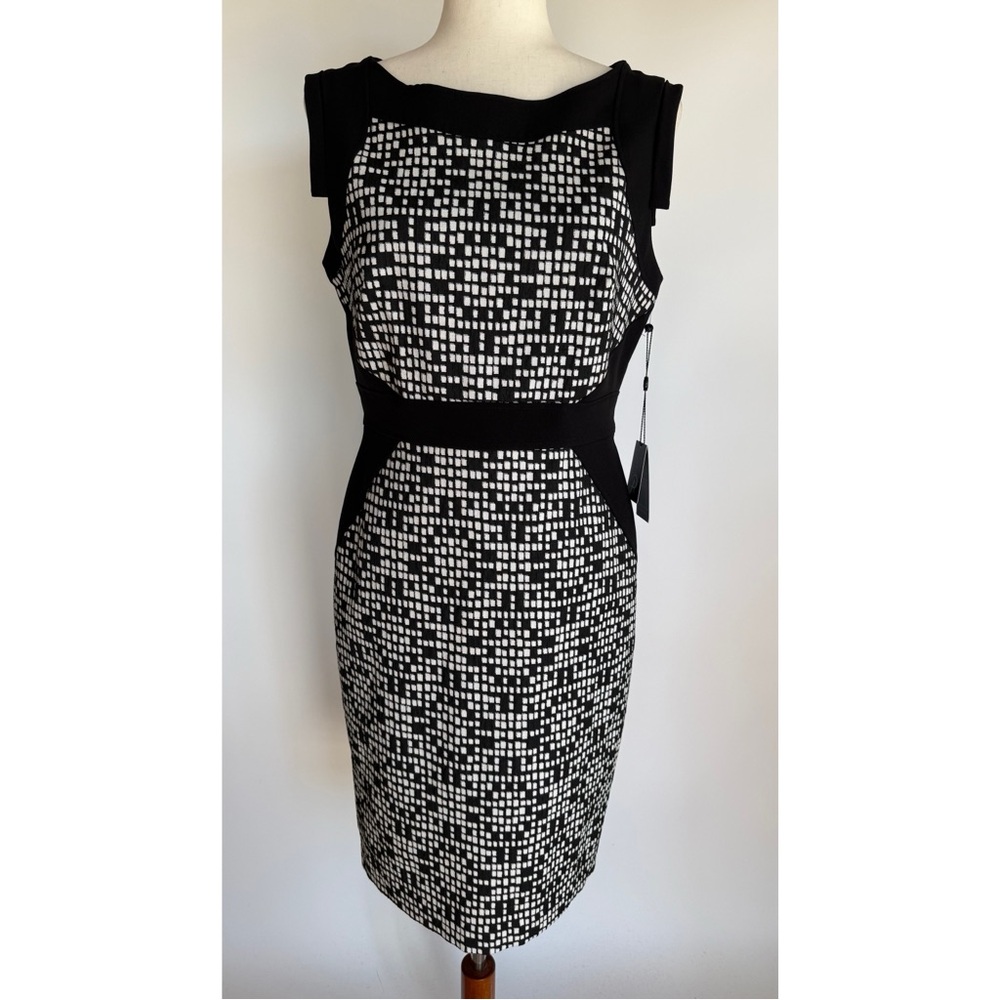 Adrianna Papell Capped Sleeve Sheath Dress Black & White Size 8 New